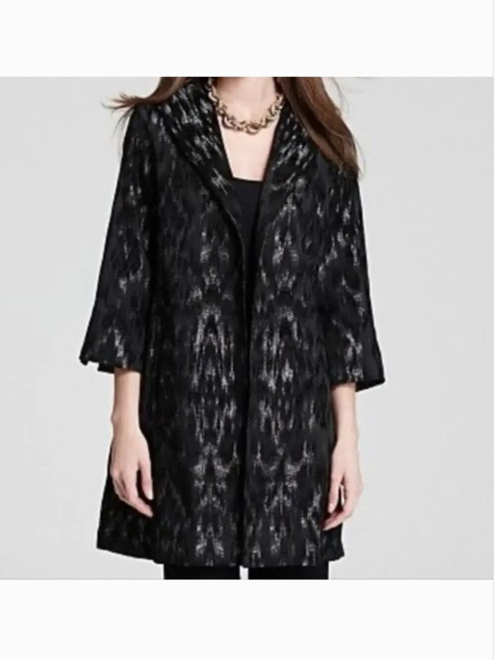 Eileen Fisher Blurred Ikat Jacket Coat Black Silver Size XL